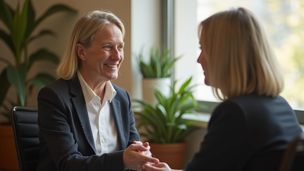 Life coaching session between coach and adult client in professional Dublin office setting