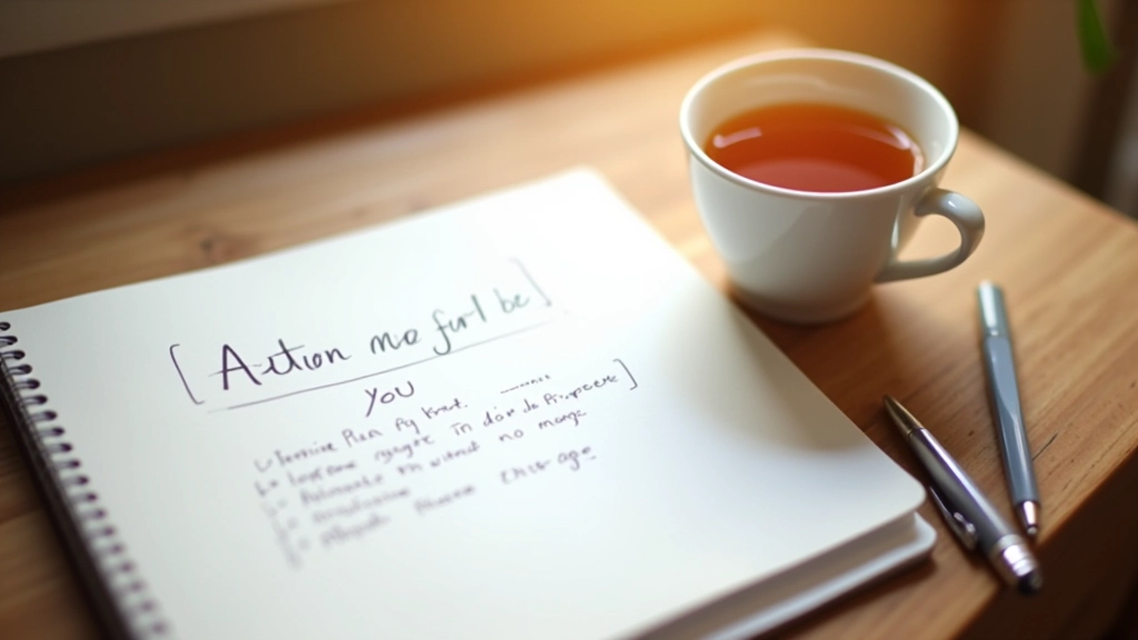 Notebook with written goals and action steps, pen, coffee on light table, morning sunlight