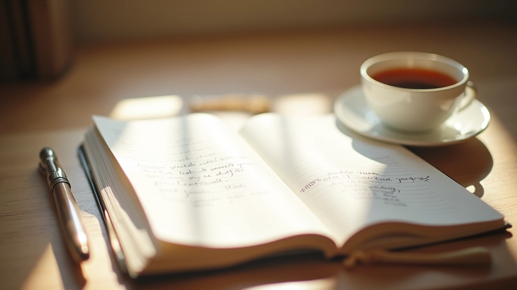 Open journal with handwritten notes and sketches, coffee cup nearby, warm afternoon light, close-up detail