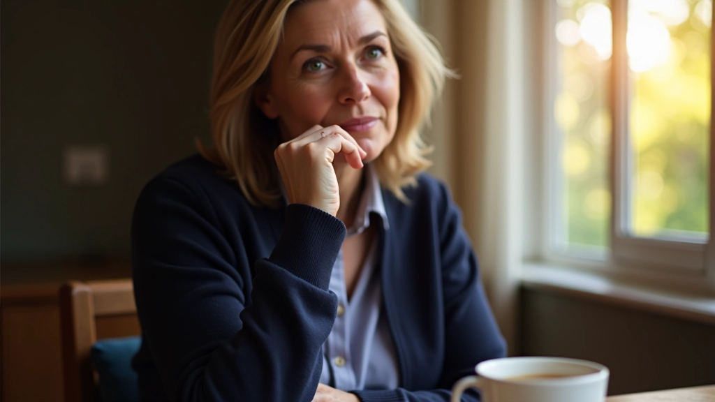 Professional woman in thoughtful pose, sitting at a modern desk with a warm cup of tea, natural window lighting, focused expression
