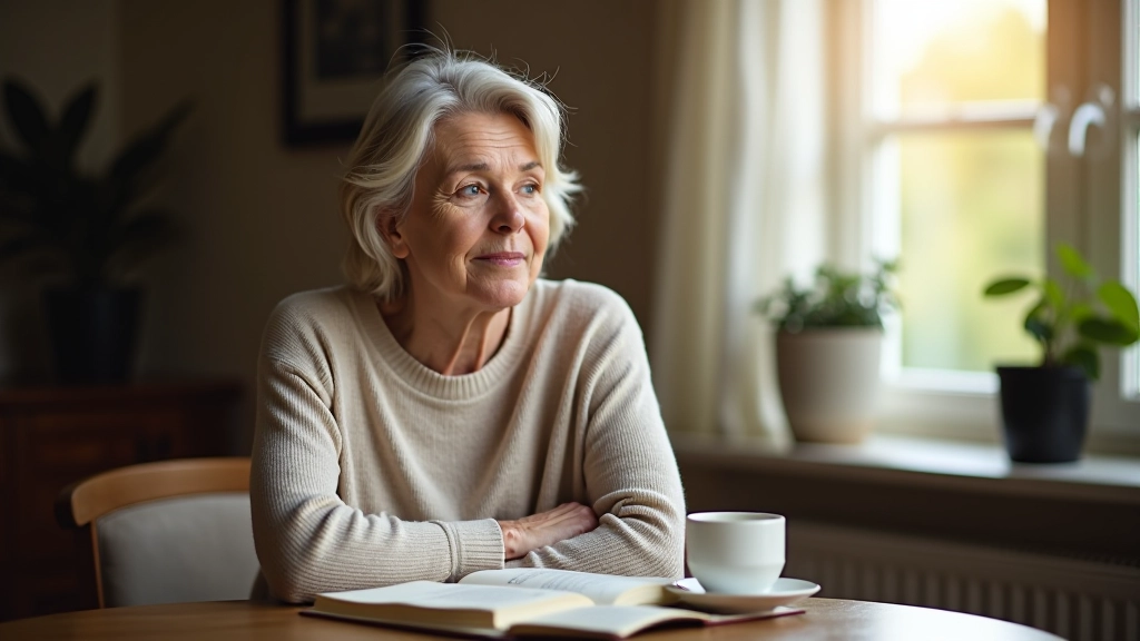 Woman in her 50s having a thoughtful conversation, seated at a coffee table with tea and journal