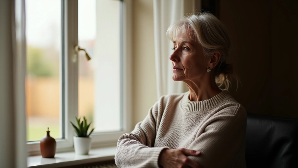 Woman in professional attire sitting at a window, looking thoughtfully toward the horizon during soft morning light