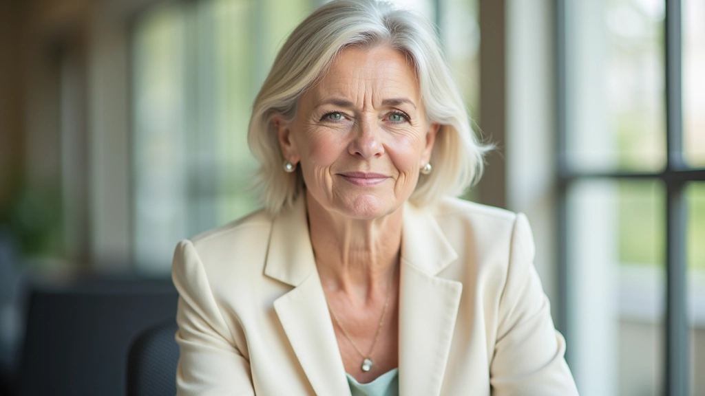 Professional woman aged 50, fully clothed in light blazer, sitting at wooden desk with coffee cup, thoughtful expression, bright natural light