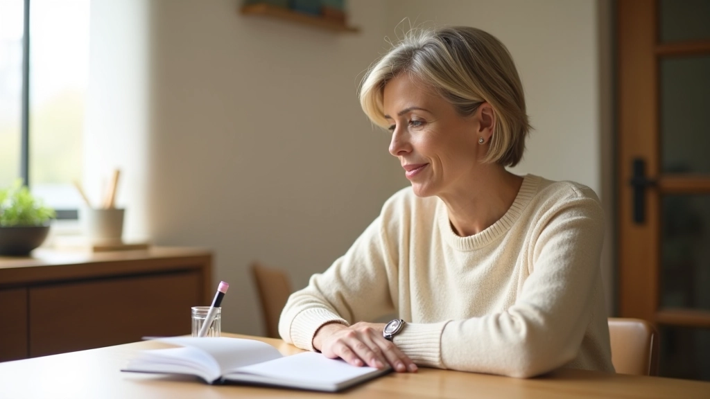 Woman sitting at a wooden desk with a notebook and pen, natural light from window, thoughtful expression, warm minimalist workspace